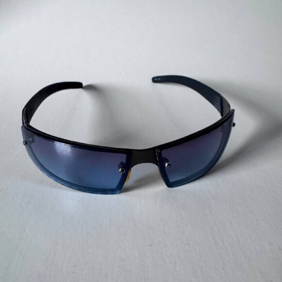 Vintage Giorgio Armani Retro Unisex Black Shield Sunglasses with Blue Gradient L - Picture 1 of 9